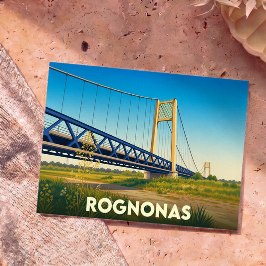 Carte postale souvenir de la ville de Rognonas représentant son pont suspendu avec une illustration stylisée.