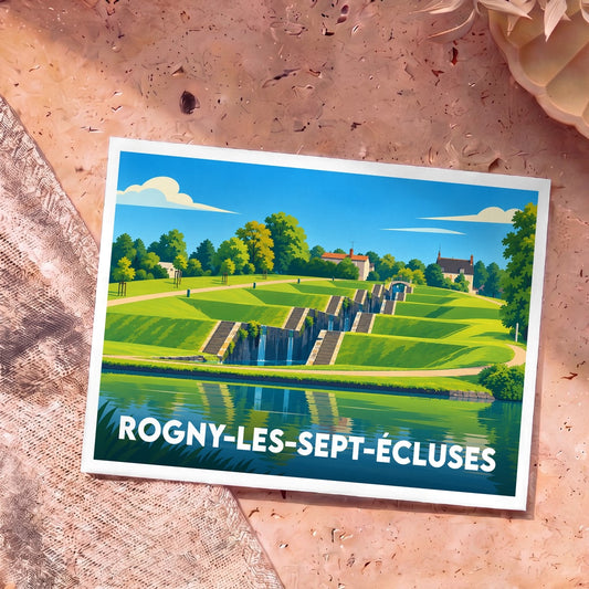 Carte postale souvenir de Rogny-les-Sept-Écluses avec une illustration stylisée des célèbres écluses en escalier.