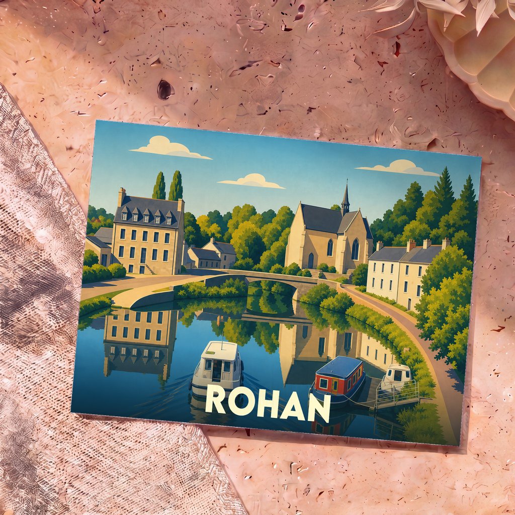 Carte postale souvenir de la ville de Rohan avec une illustration stylisée d'un canal et de maisons bretonnes.