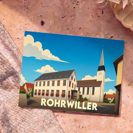 Carte postale souvenir de la ville de Rohrwiller avec une illustration stylisée de son église et de ses maisons alsaciennes.
