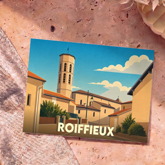 Carte postale souvenir de la ville de Roiffieux présentant une illustration stylisée de son église et de son clocher.