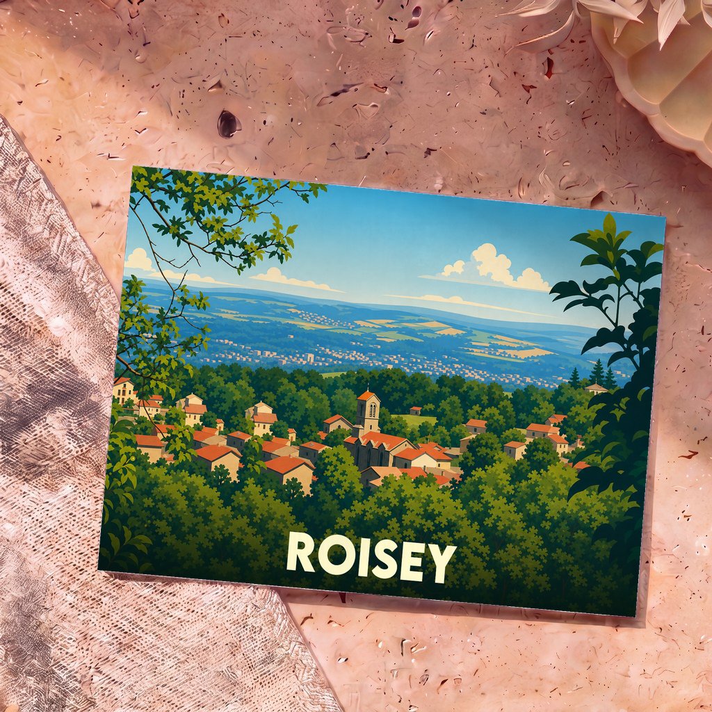 Carte postale souvenir de la ville de Roisey avec une illustration paysagère stylisée.