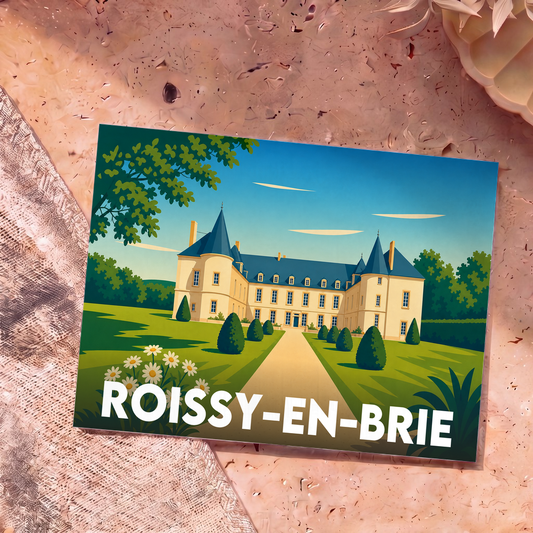 Carte postale souvenir de la ville de Roissy-en-Brie illustrant son château avec un style graphique épuré.