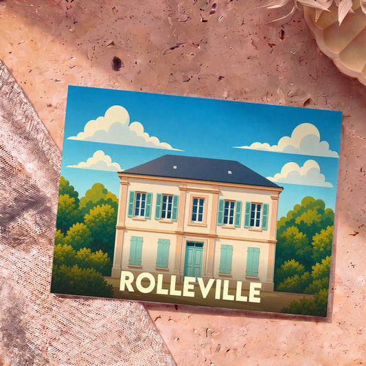 Carte postale souvenir de la ville de Rolleville avec une illustration stylisée d'une grande maison de maître.