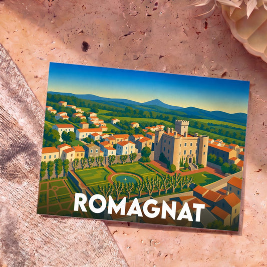 Carte postale souvenir de la ville de Romagnat avec une illustration stylisée de son château et de ses paysages.