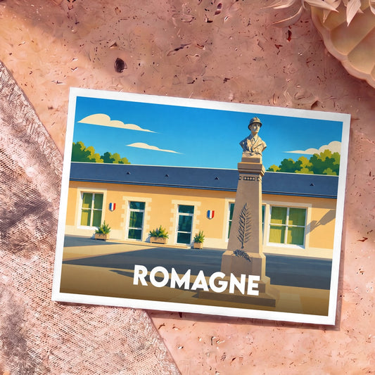 Carte postale souvenir de la ville de Romagne avec une illustration stylisée d'un monument et d'un bâtiment officiel.