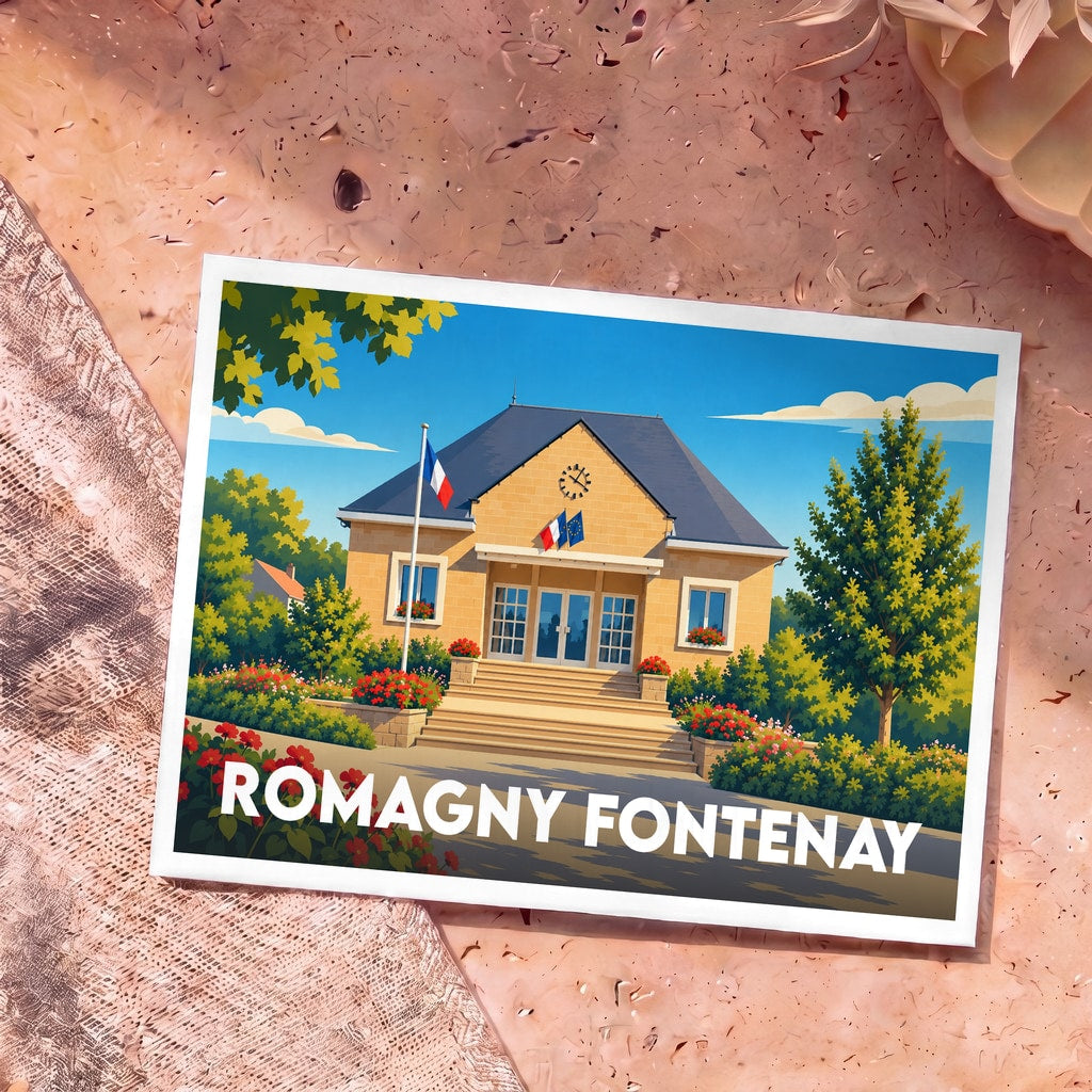 Carte postale souvenir de la ville de Romagny Fontenay avec une illustration stylisée de sa mairie fleurie.