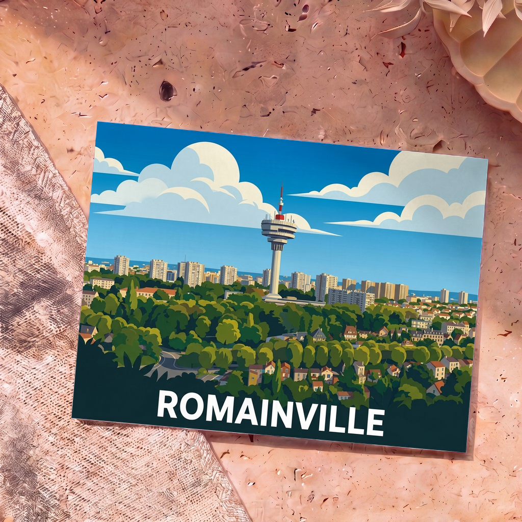 Carte postale souvenir de la ville de Romainville avec une illustration stylisée de son antenne de télécommunications surplombant un paysage urbain verdoyant.