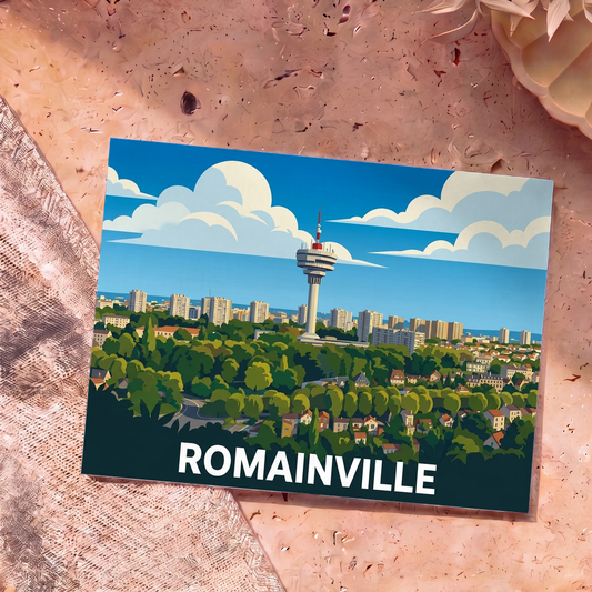 Carte postale souvenir de la ville de Romainville avec une illustration stylisée de son antenne de télécommunications surplombant un paysage urbain verdoyant.