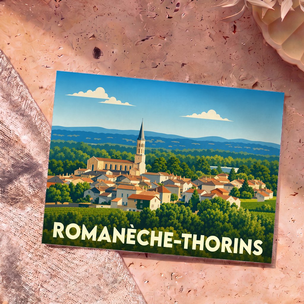 Carte postale souvenir de la ville de Romanèche-Thorins avec une illustration stylisée.