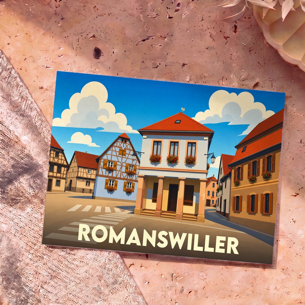 Carte postale souvenir de la ville de Romanswiller avec une illustration stylisée de ses maisons traditionnelles alsaciennes.
