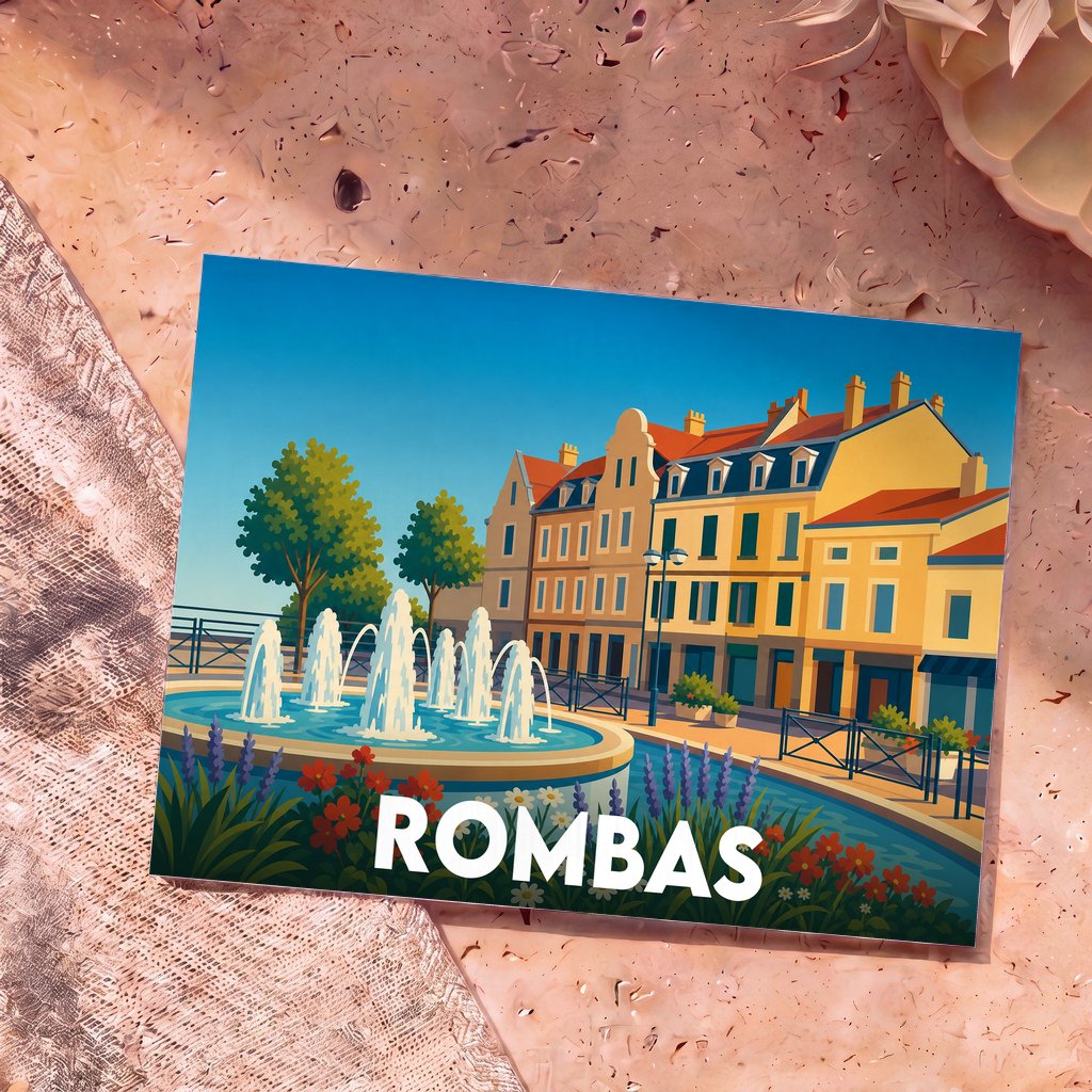 Carte postale souvenir de la ville de Rombas avec une illustration stylisée d'une fontaine et de bâtiments colorés.