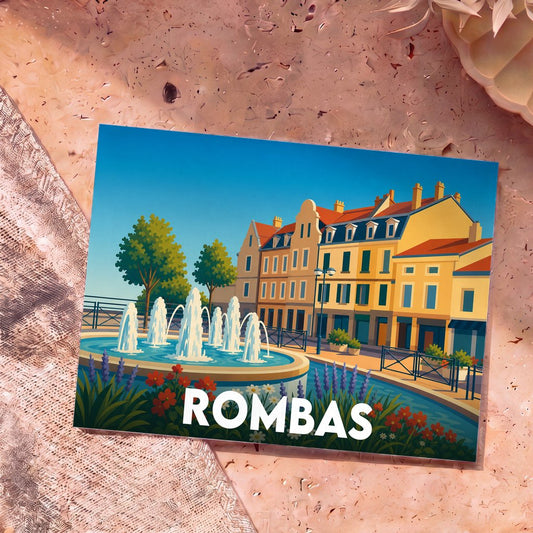 Carte postale souvenir de la ville de Rombas avec une illustration stylisée d'une fontaine et de bâtiments colorés.