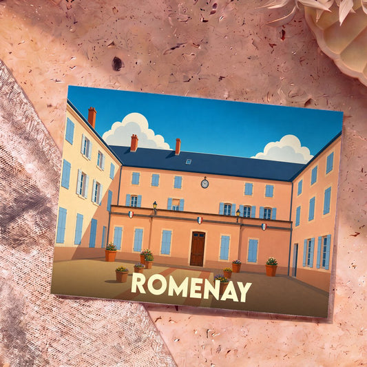 Carte postale souvenir de la ville de Romenay avec une illustration stylisée de sa mairie.