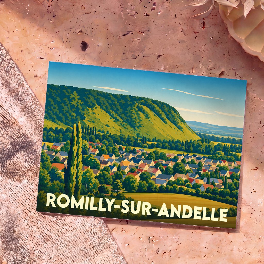 Carte postale souvenir de la ville de Romilly-sur-Andelle avec une illustration graphique et colorée représentant le village au pied d'une colline verdoyante.