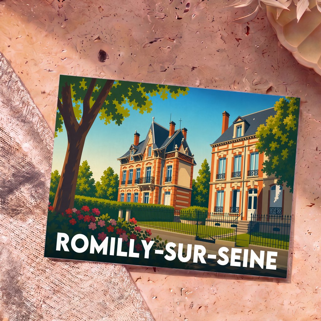 Carte postale souvenir de la ville de Romilly-sur-Seine avec une illustration stylisée de maisons bourgeoises.