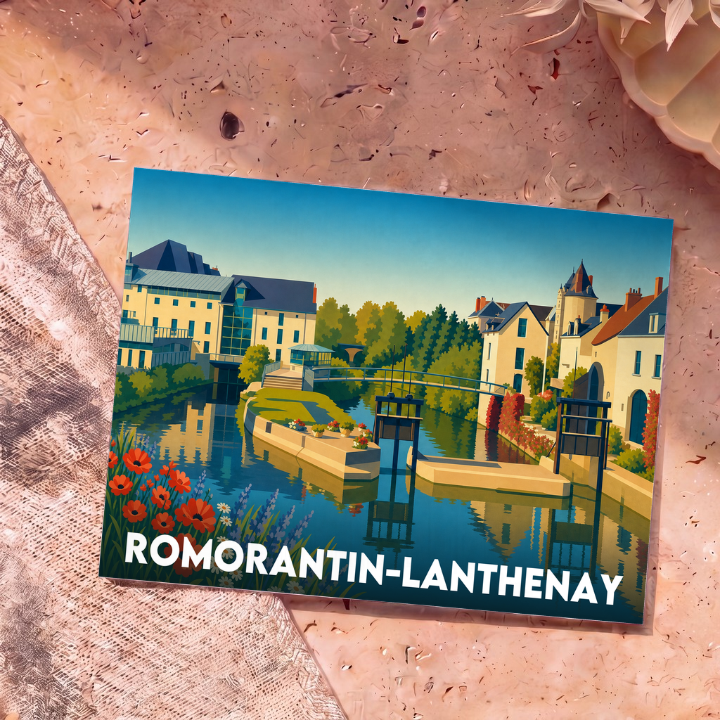 Carte postale souvenir de la ville de Romorantin-Lanthenay avec une illustration colorée et stylisée de ses canaux.