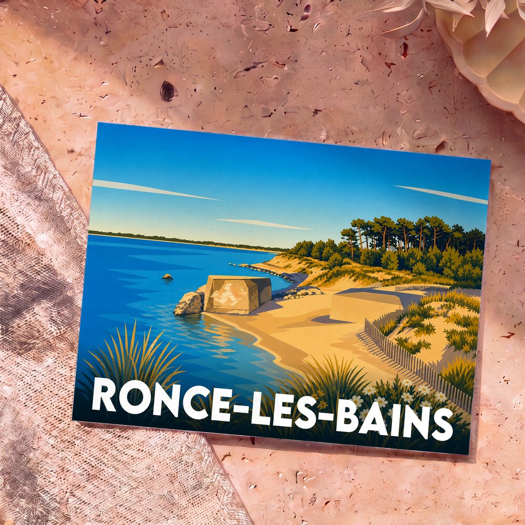 Carte postale souvenir de la ville de Ronce-les-Bains avec une illustration stylisée du littoral et de ses blockhaus.