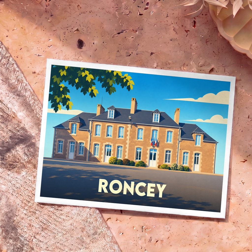 Carte postale souvenir de la ville de Roncey avec une illustration stylisée de sa mairie sous un ciel bleu.
