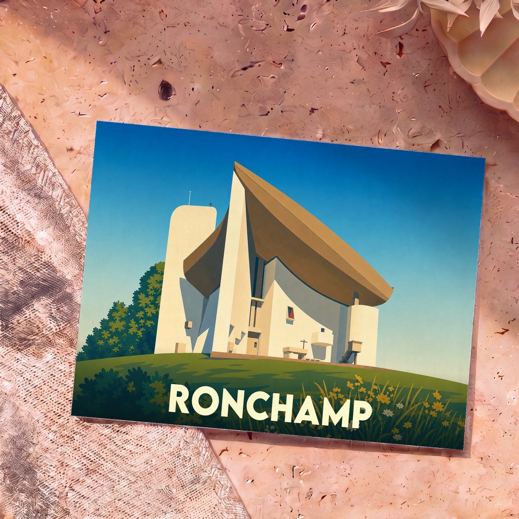 Carte postale souvenir de la ville de Ronchamp avec une illustration stylisée de sa célèbre chapelle.