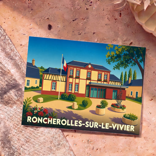 Carte postale souvenir de la ville de Roncherolles-sur-le-Vivier avec une illustration stylisée de sa mairie.