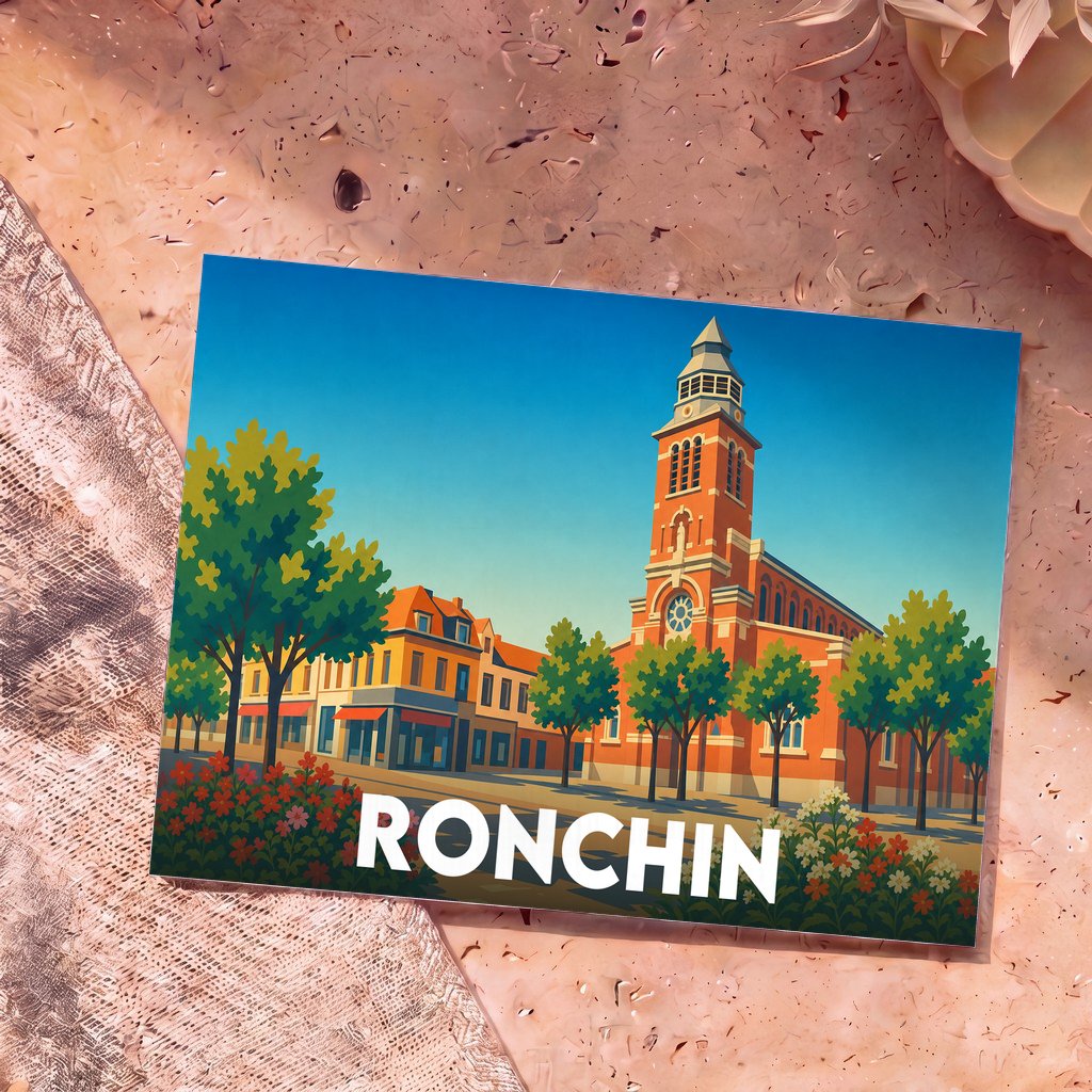 Carte postale souvenir de la ville de Ronchin avec une illustration stylisée de son église et de ses rues.