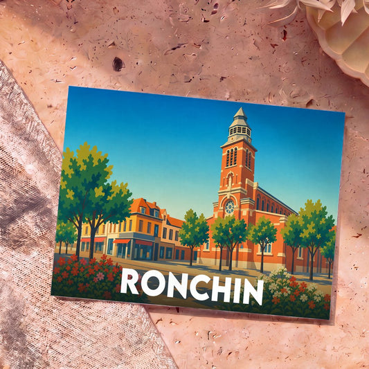 Carte postale souvenir de la ville de Ronchin avec une illustration stylisée de son église et de ses rues.