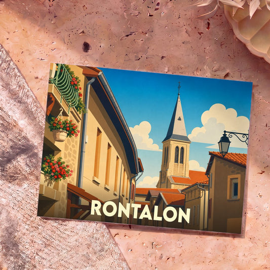 Carte postale souvenir de la ville de Rontalon avec une illustration stylisée de son église et ses ruelles fleuries.