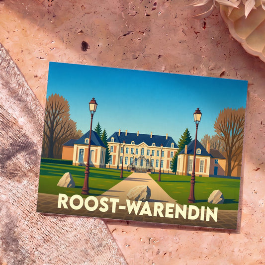 Carte postale souvenir de la ville de Roost-Warendin avec une illustration stylisée d'un château et de son parc.