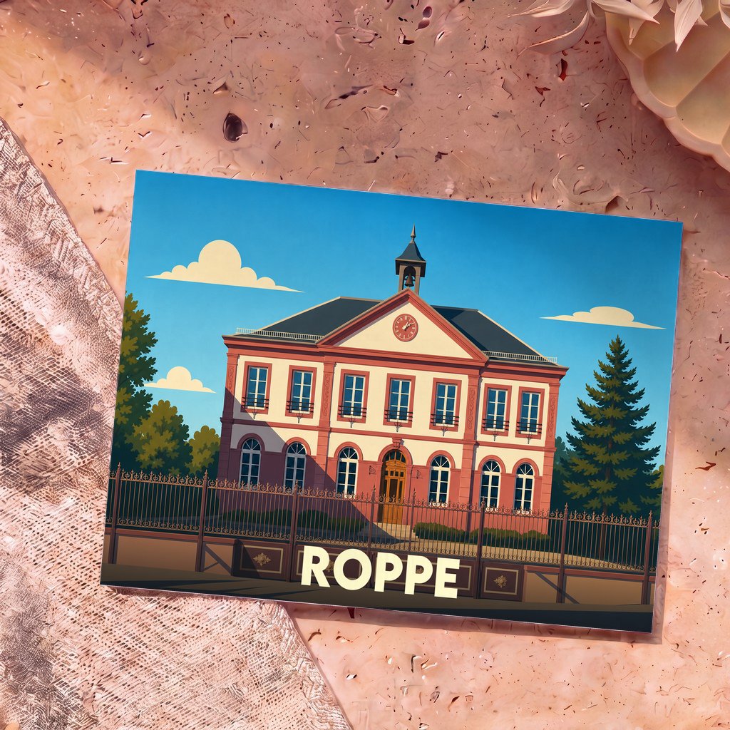 Carte postale souvenir de la ville de Roppe avec une illustration stylisée de sa mairie.
