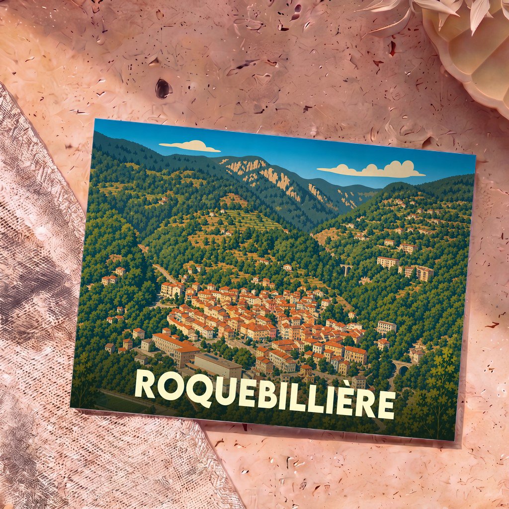 Carte postale souvenir de la ville de Roquebillière avec une illustration stylisée d'un village de montagne.