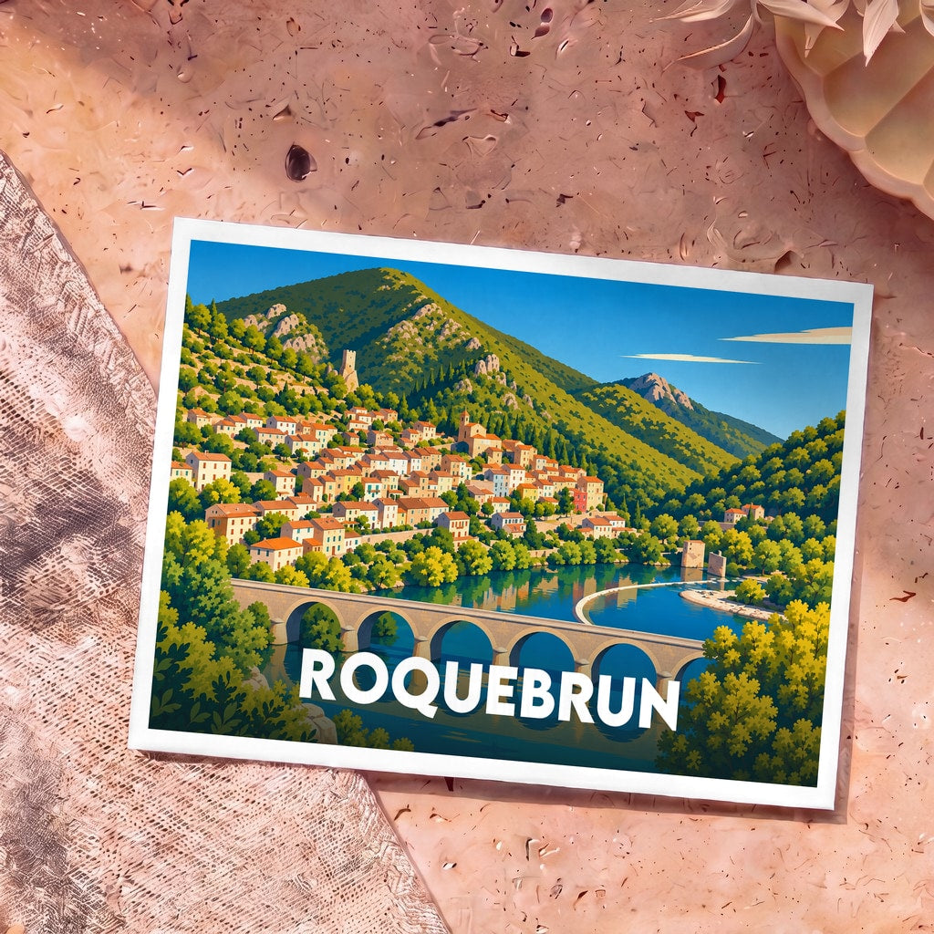 Carte postale souvenir de la ville de Roquebrun avec une illustration stylisée de son pont et de son village perché.