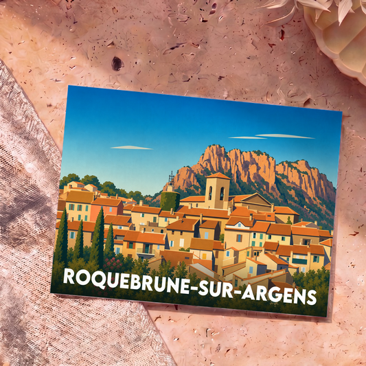 Carte postale souvenir de la ville de Roquebrune-sur-Argens avec une illustration stylisée du village et de son rocher.