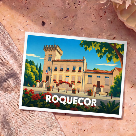 Carte postale souvenir de la ville de Roquecor avec une illustration colorée et stylisée de sa mairie.