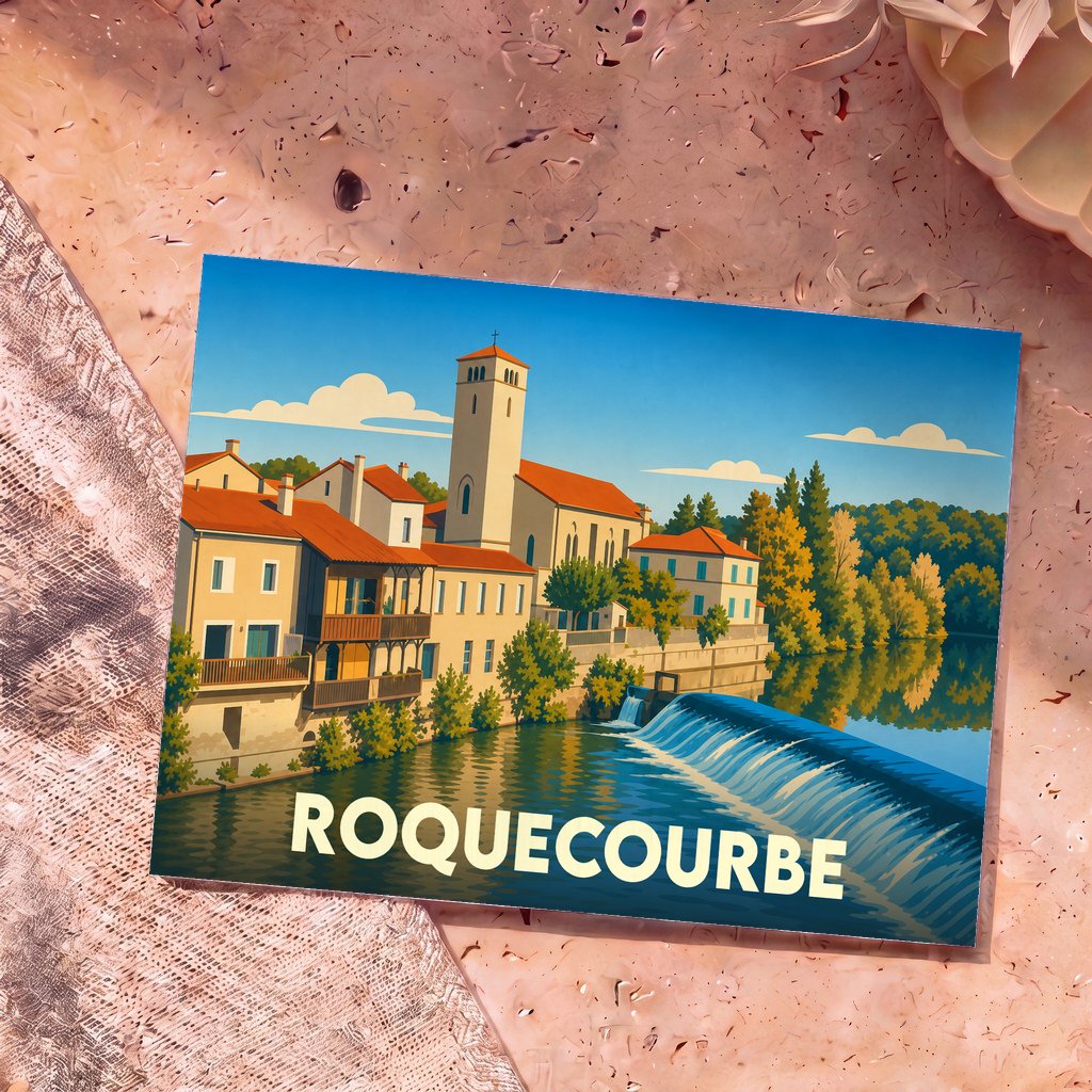 Carte postale souvenir de la ville de Roquecourbe présentant une illustration stylisée des bords de l'Agout.
