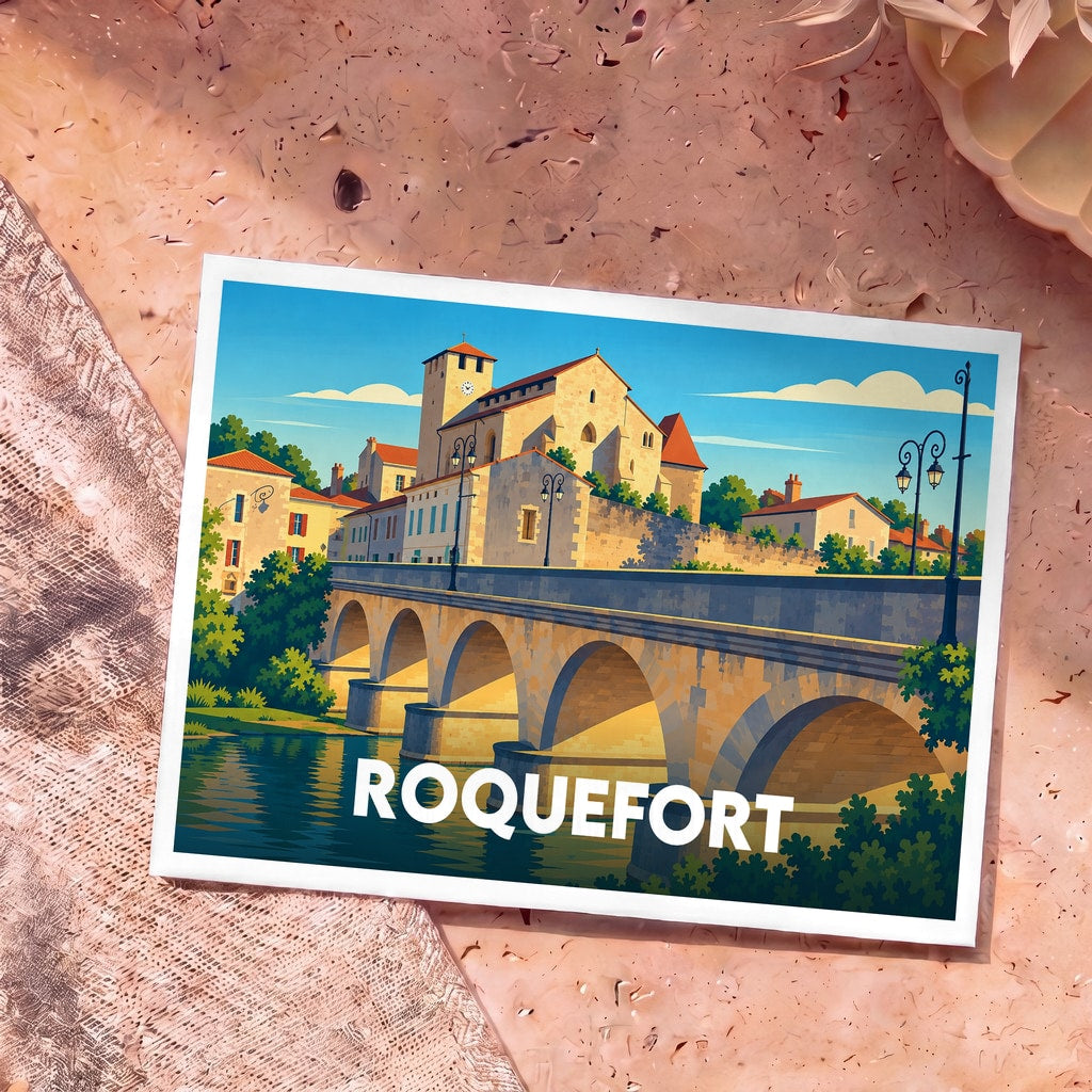 Carte postale souvenir de la ville de Roquefort avec une illustration stylisée d'un pont en pierre et d'une église.