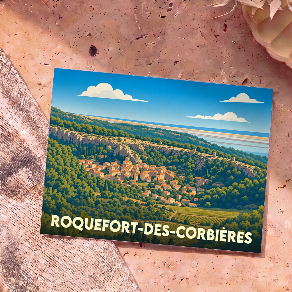 Carte postale souvenir de Roquefort-des-Corbières illustrant le village niché dans un paysage vallonné face à la mer.