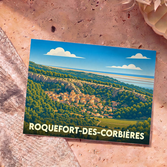 Carte postale souvenir de Roquefort-des-Corbières illustrant le village niché dans un paysage vallonné face à la mer.