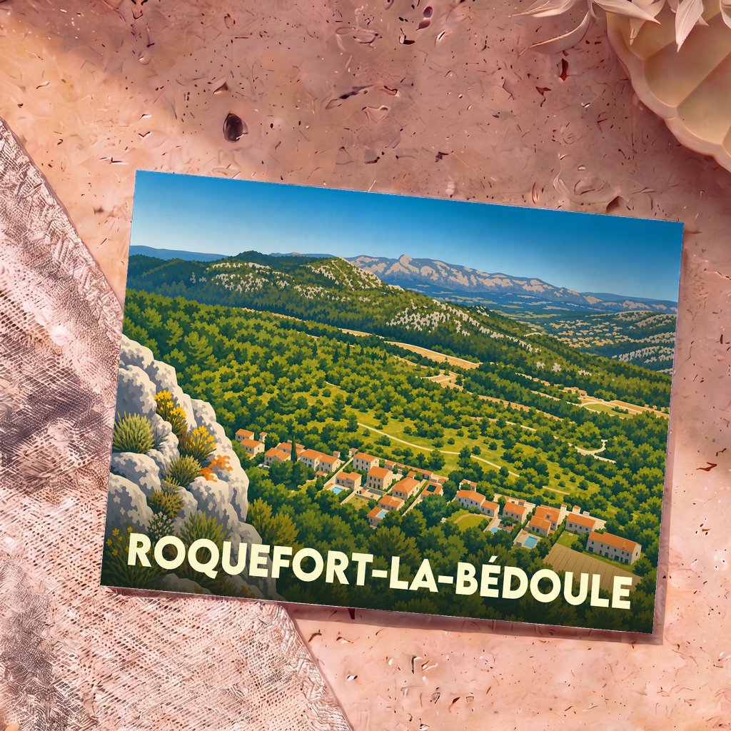 Carte postale souvenir de Roquefort-la-Bédoule représentant une vue panoramique illustrée du village et de ses collines.