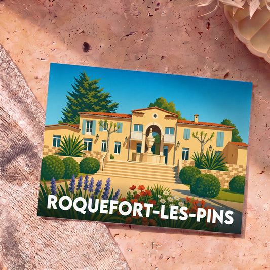 Carte postale souvenir de la ville de Roquefort-les-Pins avec une illustration stylisée d'une villa provençale.