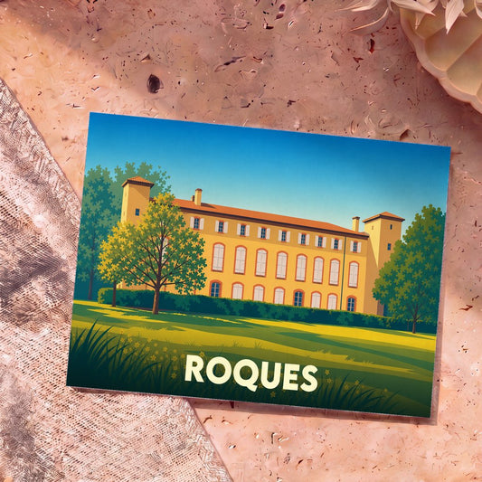 Carte postale souvenir de la ville de Roques avec une illustration stylisée de son château.