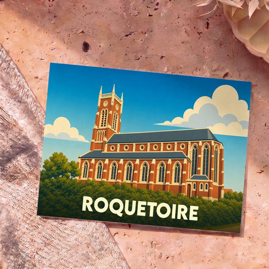 Carte postale souvenir de la ville de Roquetoire illustrant son église dans un style graphique épuré.