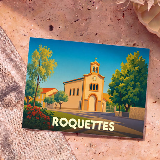 Carte postale souvenir de la ville de Roquettes illustrant son église dans un style graphique et coloré.