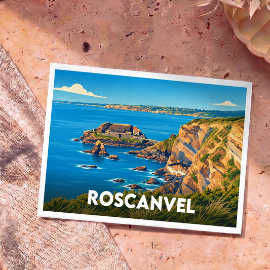 Carte postale souvenir de la ville de Roscanvel illustrant ses falaises et son fort côtier dans un style graphique épuré.