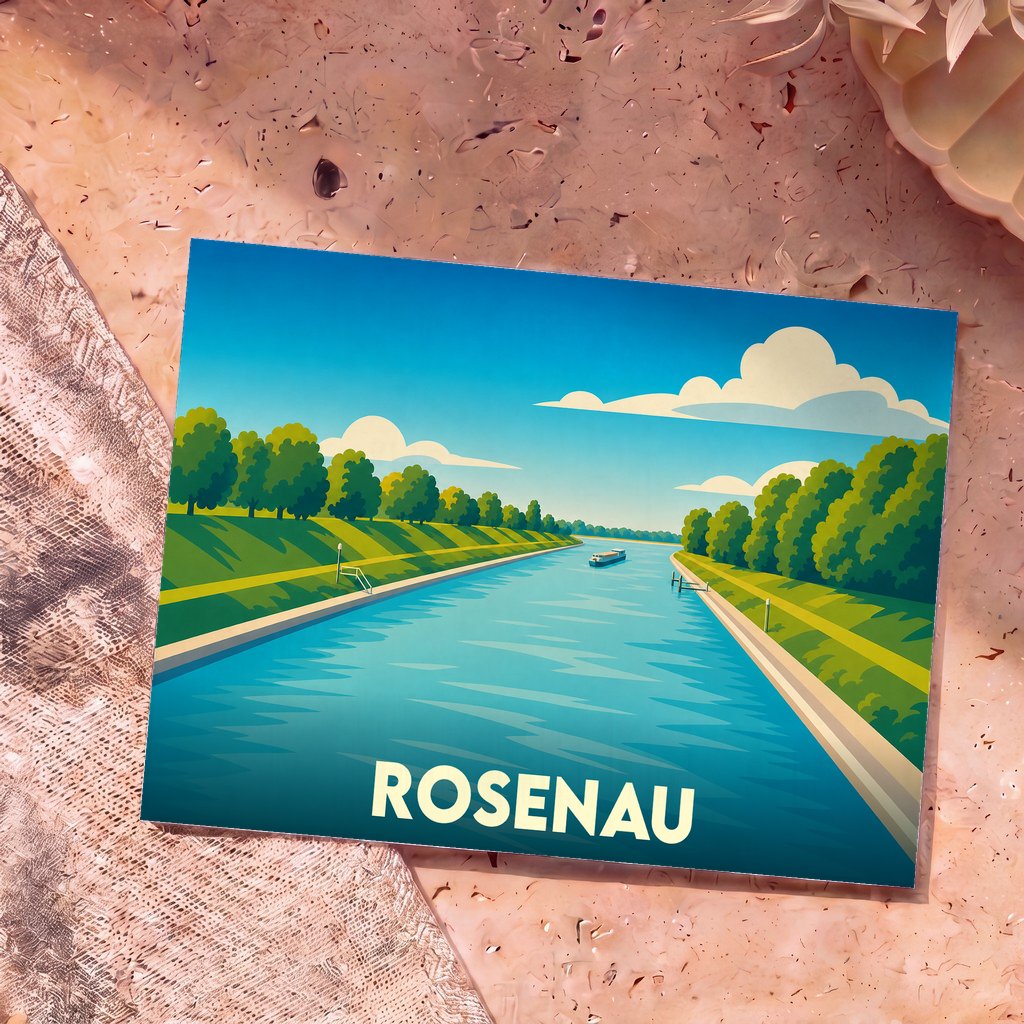 Carte postale souvenir de la ville de Rosenau arborant une illustration stylisée d'un canal bordé d'arbres.