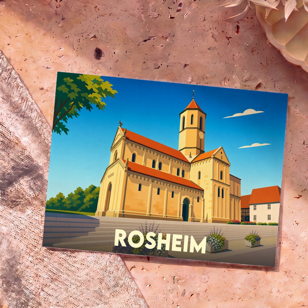Carte postale souvenir de la ville de Rosheim avec une illustration stylisée de son église romane.
