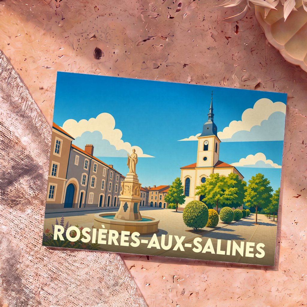 Carte postale souvenir de la ville de Rosières-aux-Salines avec une illustration stylisée de sa place principale.