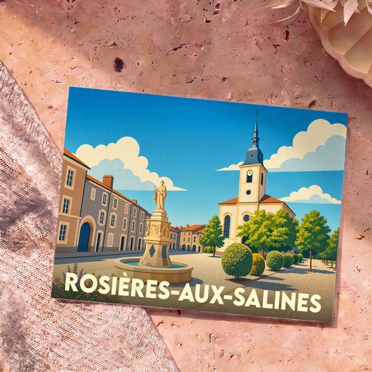 Carte postale souvenir de la ville de Rosières-aux-Salines avec une illustration stylisée de sa place principale.