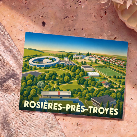 Carte postale souvenir de la ville de Rosières-près-Troyes avec une illustration stylisée d'un complexe universitaire et sportif.