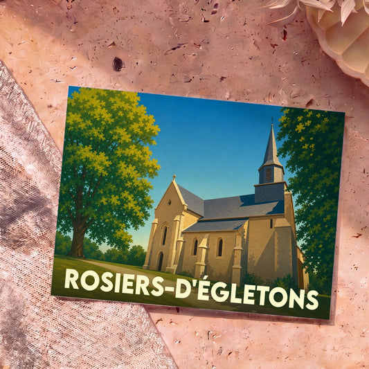 Carte postale souvenir de la ville de Rosiers-d'Égletons avec une illustration stylisée de son église.